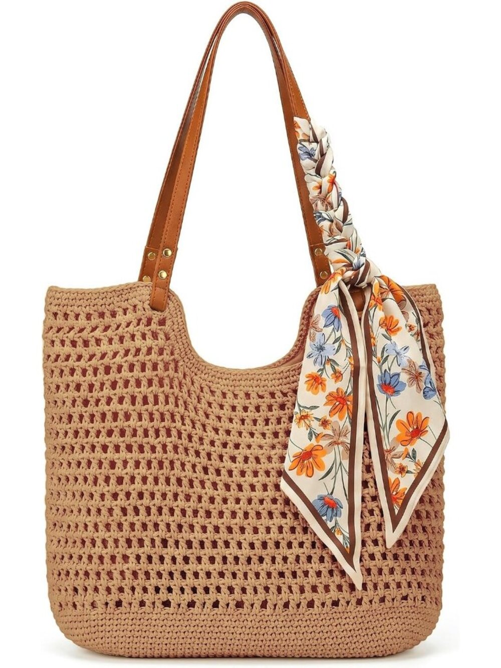 Women’s Taupe Brown Crochet Beach Woven Straw Purse Floral Scarf Boho Tote Bag